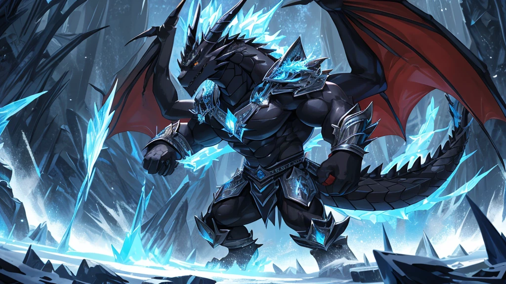 (The tyrannical and powerful Black Dragon King,Modern black and gold armor:2),(Large dragon body,Huge size,Majestic wingspan,Sharp thorns,Huge dragon claw,Huge paws,Thick dragon tail,The huge black dragon king,Black dragon:2),Strong physique,(Blue ice flame:2),Brutal Behemoth,war,glacier,Ice Dragon,Overwhelming presence,Full body picture,Very detailed,4k HD,HD Wallpapers