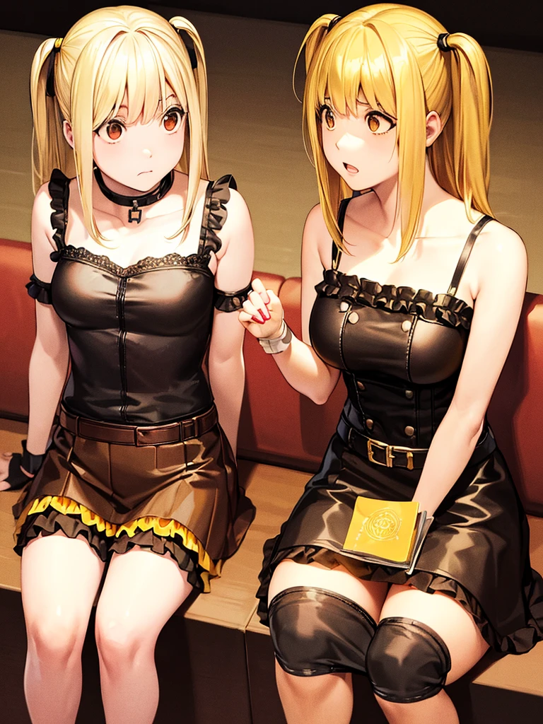 misa amane, twintails, (brown eyes:1.5), (yellow hair:1.5), sidelocks, long hair, misa amane, twintails, (red eyes:1.3), blonde hair, sidelocks, long hair, skirt, pantyhose, sleeveless, belt, cross, frilled skirt, gothic,in cafe,sitting sofa,bust up,frown