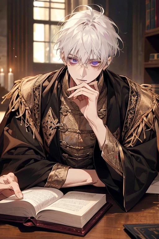 1male, calm, adult, age 35 face, short messy with bangs, white hair, amethyst colored eyes, royalty, prince, wears black clothing, in a castle, adult face, medieval times, close up, sitting at a table with a book, two hands, calm