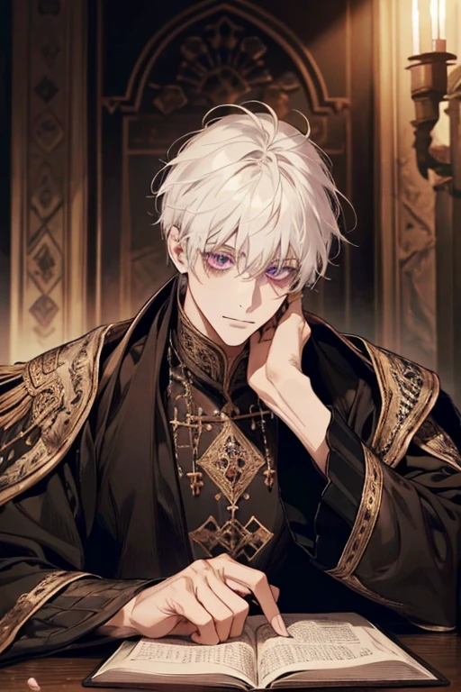 1male, calm, adult, age 35 face, short messy with bangs, white hair, amethyst colored eyes, royalty, prince, wears black clothing, in a castle, adult face, medieval times, close up, sitting at a table with a book, two hands, calm