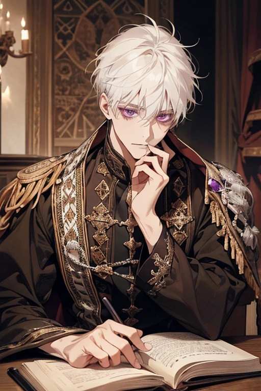 1male, calm, adult, age 35 face, short messy with bangs, white hair, amethyst colored eyes, royalty, prince, wears black clothing, in a castle, adult face, medieval times, close up, sitting at a table with a book, two hands, calm