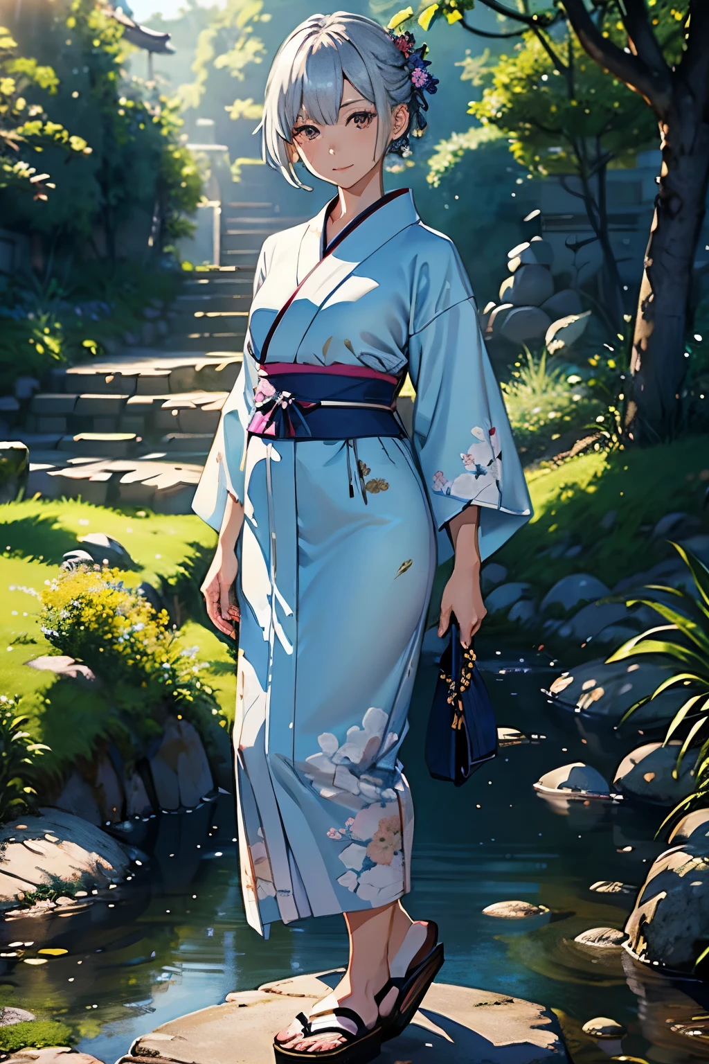 masterpiece, Highest quality, Detailed explanation, Detailed landscape, Beautiful light, Beautiful Shadows, A neat and clean woman,Are standing、 32 years old,((Small breasts))、Iris, An innocent smile、,eyeliner,short hair、Silver Hair、((Long kimono))、The feet are hidden by a kimono、Indigo dyed kimono、Floral、Accurate kimono modeling、Detailed expression of the texture of the kimono、(Wearing clogs)、Detailed skin texture, Tyndall effect,
