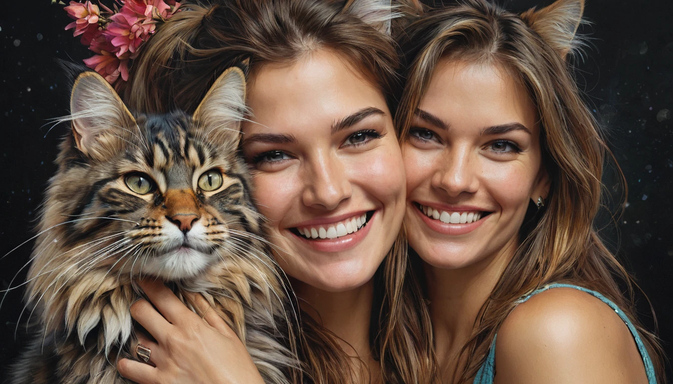 half body,
a woman smile with her best friend her Maine Coon,
dark complex background, style by Thomas Kinkade+David A. Hardy+Carne Griffiths+Mandy Disher half vivid colors fine art, best quality, high detailed, detailed faces, 2d,