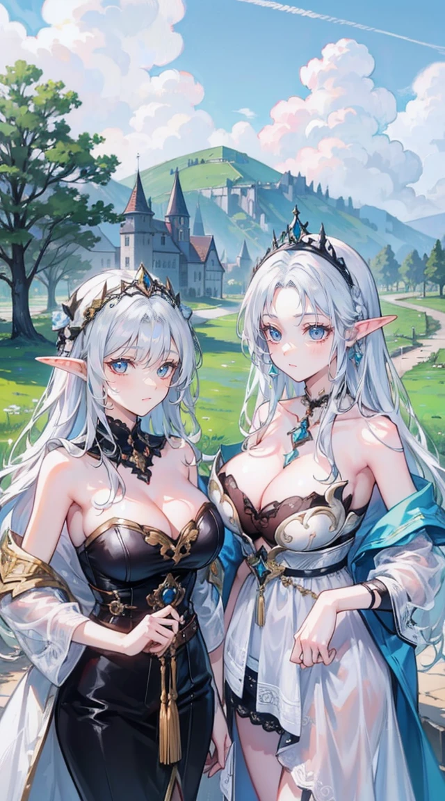 beautiful woman，Folk Girl，Long, white hair with blue eyes,I have a long braid on the right side.，She wore a strapless white dress with no straps.,wearing a white coat，countryside，countryside，beautiful scenery，European Middle Ages，smile with teeth，forehead，forehead exposed，big tits，rift, (Elf Princess),(2 young women ,beautiful woman)