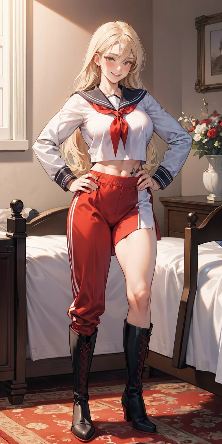 woman bodybuilder with very large calves very beautiful resemblance sailor uniform, full body standing symmetrical lustful smirking smile face (red blush), martial art, bouquet of flowers holding, full body toe to head, feet together, high boots, big breast, paladin warrior knight, hands on hips. red tattoo on belly, bedroom background, royal bedroom