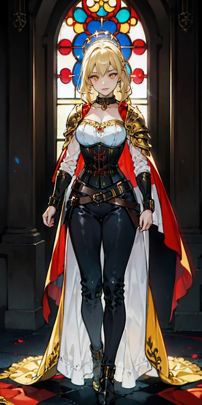 Tiffany Towers full body of paladin lady in ornate golden armor, black collar, pauldrons, breastplate, corset, glowing halo, single braid, blonde, yellow glowing eyes, bright pupils, eye focus, red cape, temple indoors, stained glass windows, night, moonlight, particles, light beam, chromatic aberration