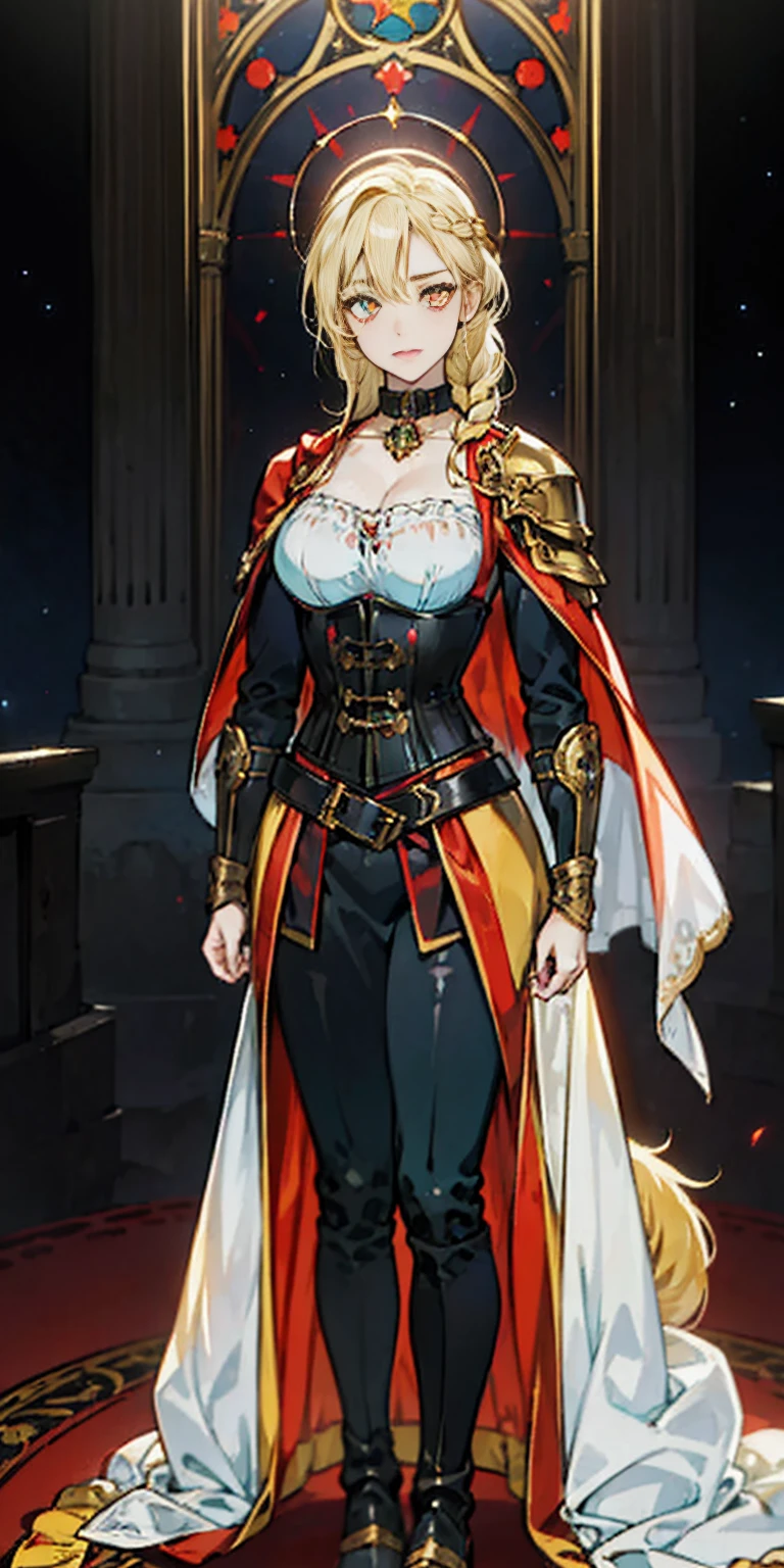 Tiffany Towers full body of paladin lady in ornate golden armor, black collar, pauldrons, breastplate, corset, glowing halo, single braid, blonde, yellow glowing eyes, bright pupils, eye focus, red cape, temple indoors, stained glass windows, night, moonlight, particles, light beam, chromatic aberration