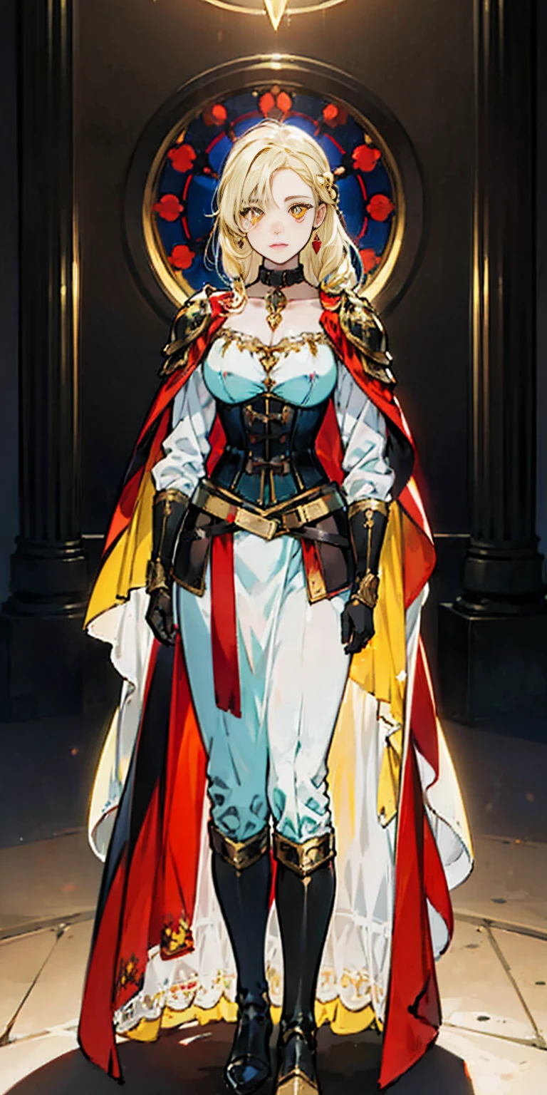 Tiffany Towers full body of paladin lady in ornate golden armor, black collar, pauldrons, breastplate, corset, glowing halo, single braid, blonde, yellow glowing eyes, bright pupils, eye focus, red cape, temple indoors, stained glass windows, night, moonlight, particles, light beam, chromatic aberration