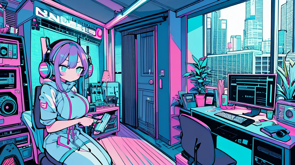 Best quality, (masterpiece), best detail face,1 girl, big breasts, 18 yo, 8k,absurdres,unity 8k wall paper,(extremely detailed:1.3), highest realistic, (retro headphones:), (soft neon light:), (psychedelic), Her room full of music equipment and plants, Light clothing in summer, See the whole room, She is leaving the room, natural color palette