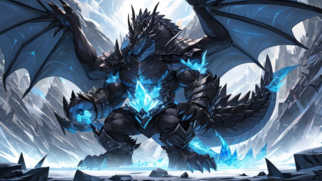 (The tyrannical and powerful Black Dragon King,Modern black and gold armor:2),(Large dragon body,Huge size,Majestic wingspan,Sharp thorns,Huge dragon claw,Huge paws,Thick dragon tail,The huge black dragon king,Black dragon:2),Strong physique,(Blue ice flame:2),Brutal Behemoth,war,glacier,Ice Dragon,Overwhelming presence,Full body picture,Very detailed,4k HD,HD Wallpapers