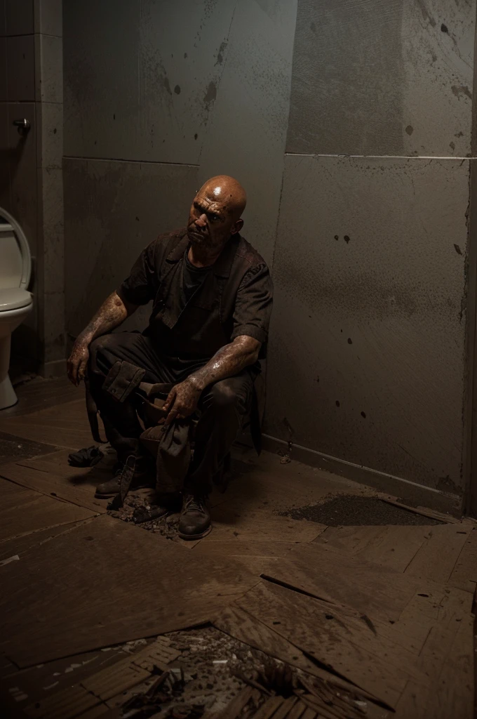 a man sitting on a toilet full of vultures, detailed anatomical human body, extreme detailed photorealistic, cinematic lighting, dark gritty horror, muted color palette, hyper detailed