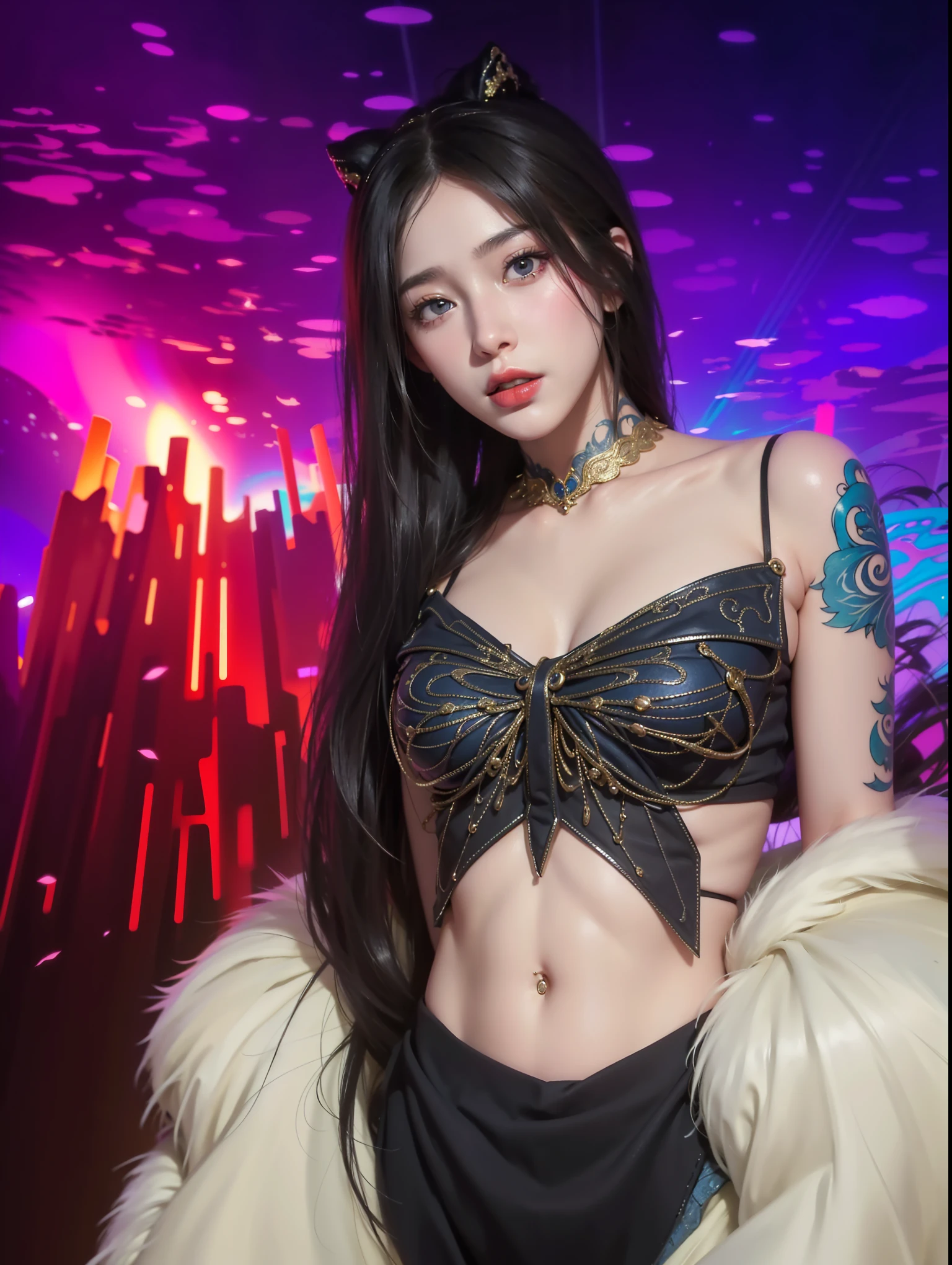 Model: long wavy black hair, full dark lips, Smoky eyes, BREAK, Setting: Room with black light, Broken glass, Crystals reflect light, neon lights, BREAK, bodypaint: Polychromatic geometric patterns, Torso cover, Arms and legs, BREAK, Accessories: Chrome-plated chains with torn body, Silver Choker, black feathered white black wings, Naked, Topless, naked body,BREAK, the pose: on a bed,The head is tilted upwards, looking forward. wolf ears, Wolf.up close