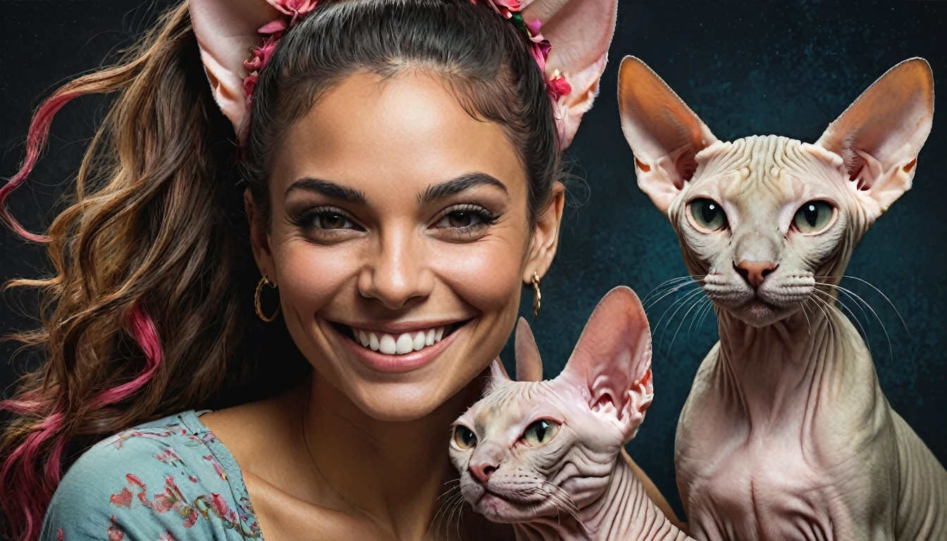 half  body,
a woman smile  with her best friend her Sphynx cat,
dark complex background, style by Thomas Kinkade+David A. Hardy+Carne Griffiths+Mandy Disher half vivid colors fine art, best quality, high detailed, detailed faces, 2d,
