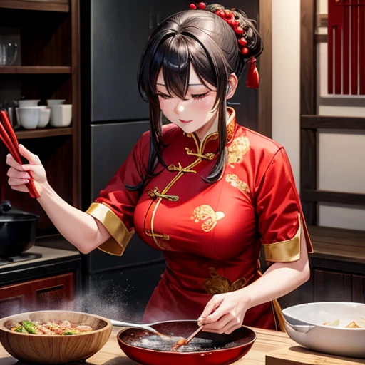 Mature Woman　Red Chinese Dress　Cooking using a wok　There is a slit