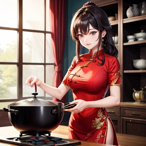 Mature Woman　Red Chinese Dress　Cooking using a wok　There is a slit