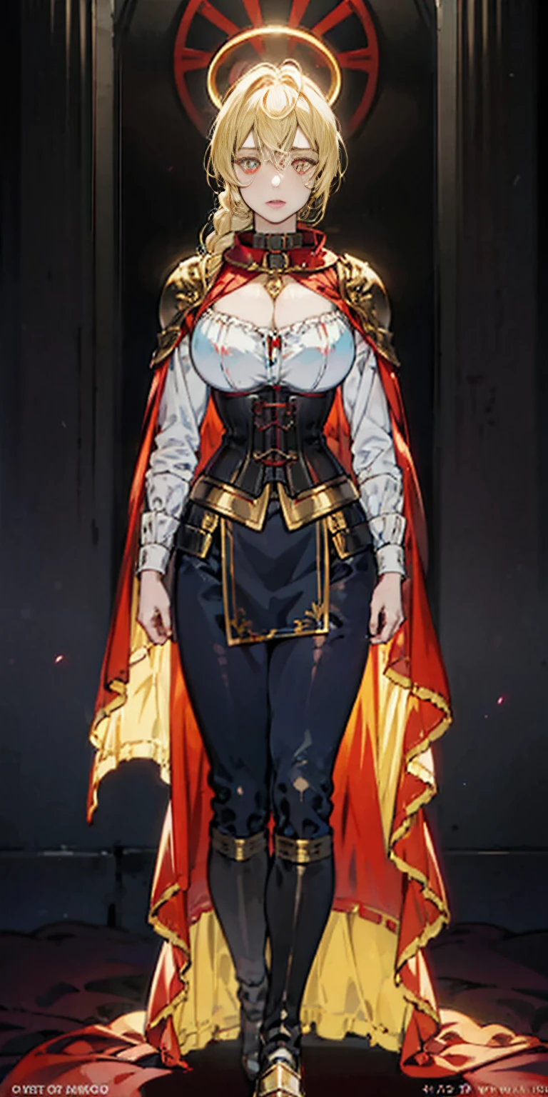 Tiffany Towers full body of paladin lady in ornate golden armor, black collar, pauldrons, breastplate, corset, glowing halo, single braid, blonde, yellow glowing eyes, bright pupils, eye focus, red cape, temple indoors, stained glass windows, night, moonlight, particles, light beam, chromatic aberration