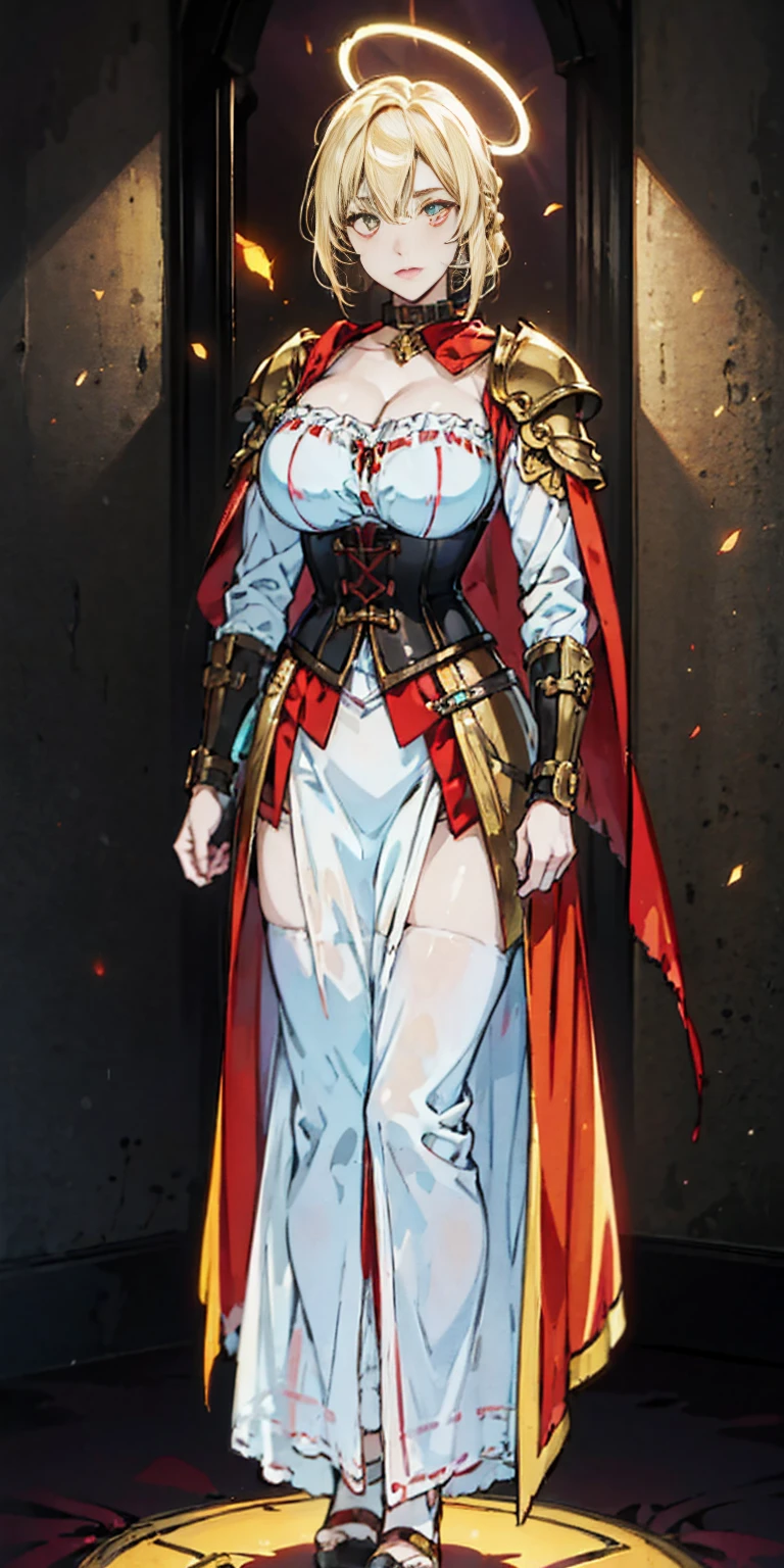 Tiffany Towers full body of paladin lady in ornate golden armor, black collar, pauldrons, breastplate, corset, glowing halo, single braid, blonde, yellow glowing eyes, bright pupils, eye focus, red cape, temple indoors, stained glass windows, night, moonlight, particles, light beam, chromatic aberration