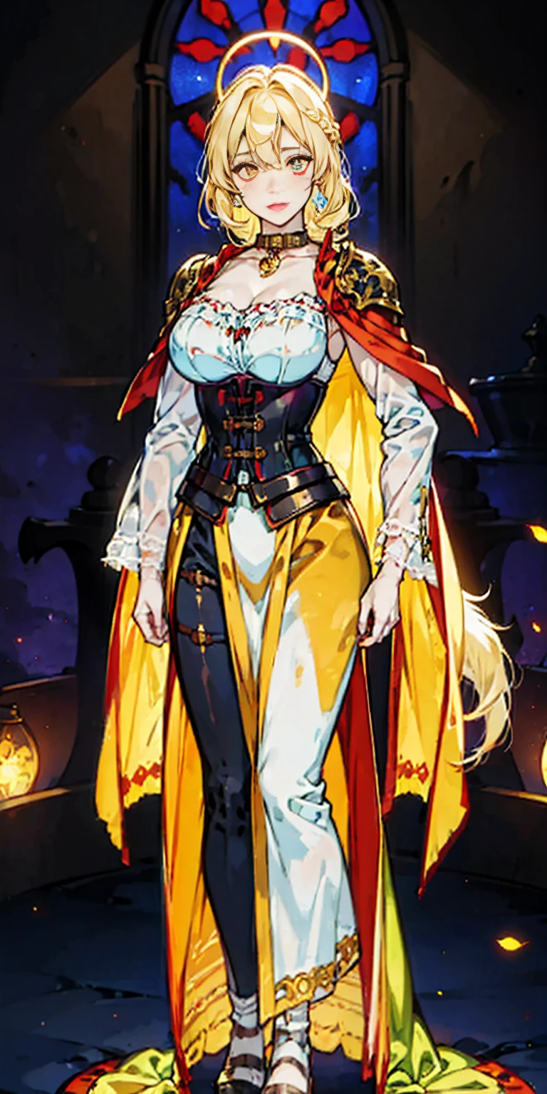 Tiffany Towers full body of paladin lady in ornate golden armor, black collar, pauldrons, breastplate, corset, glowing halo, single braid, blonde, yellow glowing eyes, bright pupils, eye focus, red cape, temple indoors, stained glass windows, night, moonlight, particles, light beam, chromatic aberration