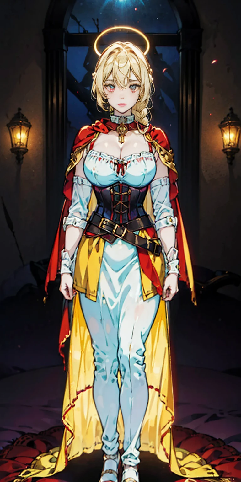 Tiffany Towers full body of paladin lady in ornate golden armor, black collar, pauldrons, breastplate, corset, glowing halo, single braid, blonde, yellow glowing eyes, bright pupils, eye focus, red cape, temple indoors, stained glass windows, night, moonlight, particles, light beam, chromatic aberration