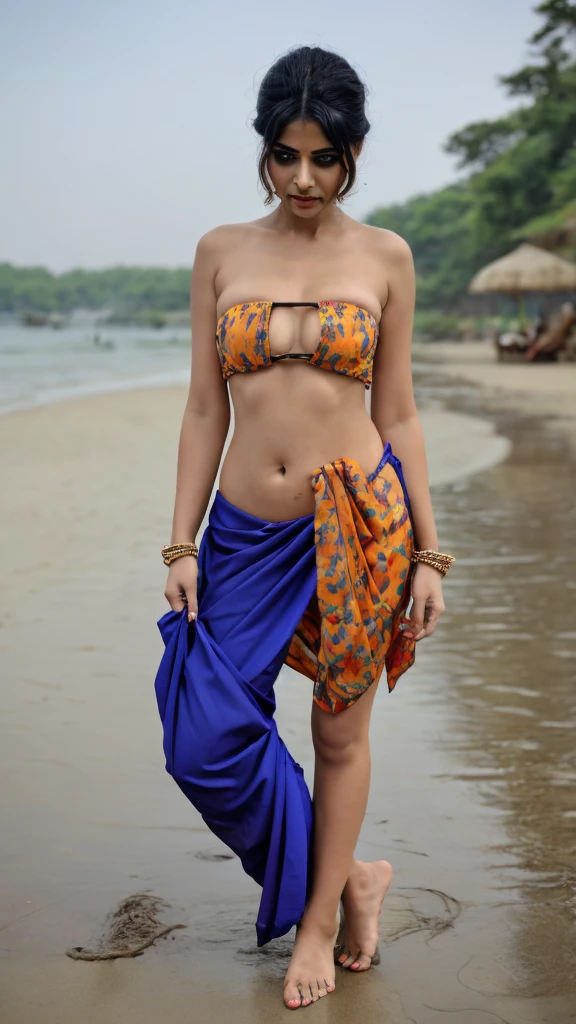 Creating a bikini-style saree and blouse outfit blends traditional Indian attire with modern fashion sensibilities, resulting in a unique and bold statement piece. The saree is reimagined with a bikini-inspired blouse and a daringly draped fabric, offering a contemporary twist to this classic ensemble. The blouse, characterized by its minimalistic yet chic design, features a halter neck or strapless style to accentuate the shoulders and collarbones while providing ample support.
The saree itself is draped to reveal more skin, with the fabric delicately wrapped around the waist and flowing gracefully over the hips. The bikini-style saree allows for a hint of midriff exposure, maintaining the elegance of traditional draping techniques while embracing a more modern silhouette. The pallu of the saree is draped over one shoulder, adding a touch of drama and sophistication to the overall look.
This fusion outfit combines the timeless appeal of Indian sarees with the boldness of bikini fashion, creating a statement piece that is both elegant and contemporary. It's perfect for those looking to make a fashion-forward statement at beach parties, poolside events, or any occasion where style and tradition meet modernity.
