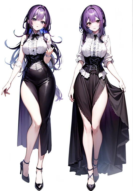 purple,long hair,woman,(corset),Shirt with rolled up sleeves,((Roll up your sleeves)),high heels,,simple background,smile,whole body,full body,full body,Standing picture,vtuber,upright,,Standing upright with face and body facing forward,