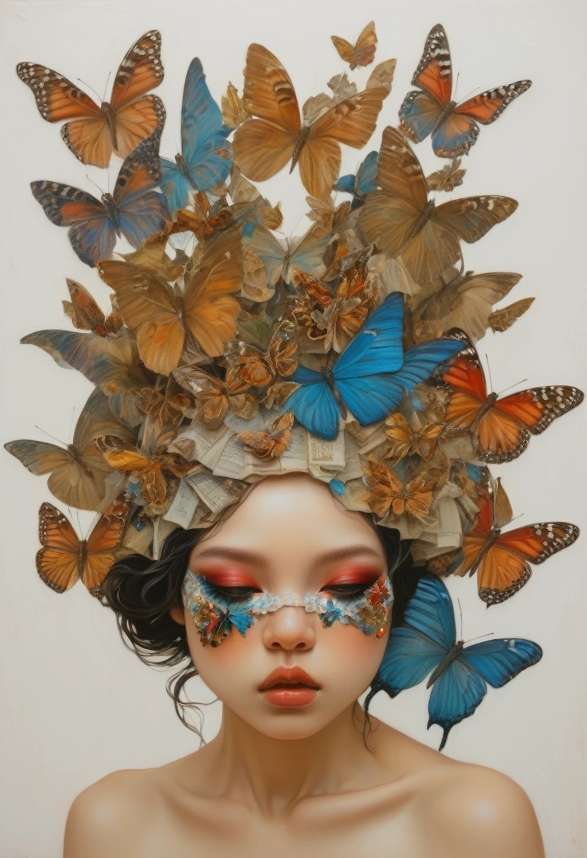 Oil painting of a woman with a butterfly mask on her head, Jonathan Young Pintura, Adriano Borda, Moths crawling on my face, Mixed media in clay form, Intricate oil painting artwork, Shin Jin Hye, Mixed Media, directed by: Ishaq Holtz, Half Woman Half Butterfly, Made from dried flowers, Highly conceptualized figurative art, Portrait of a fairy