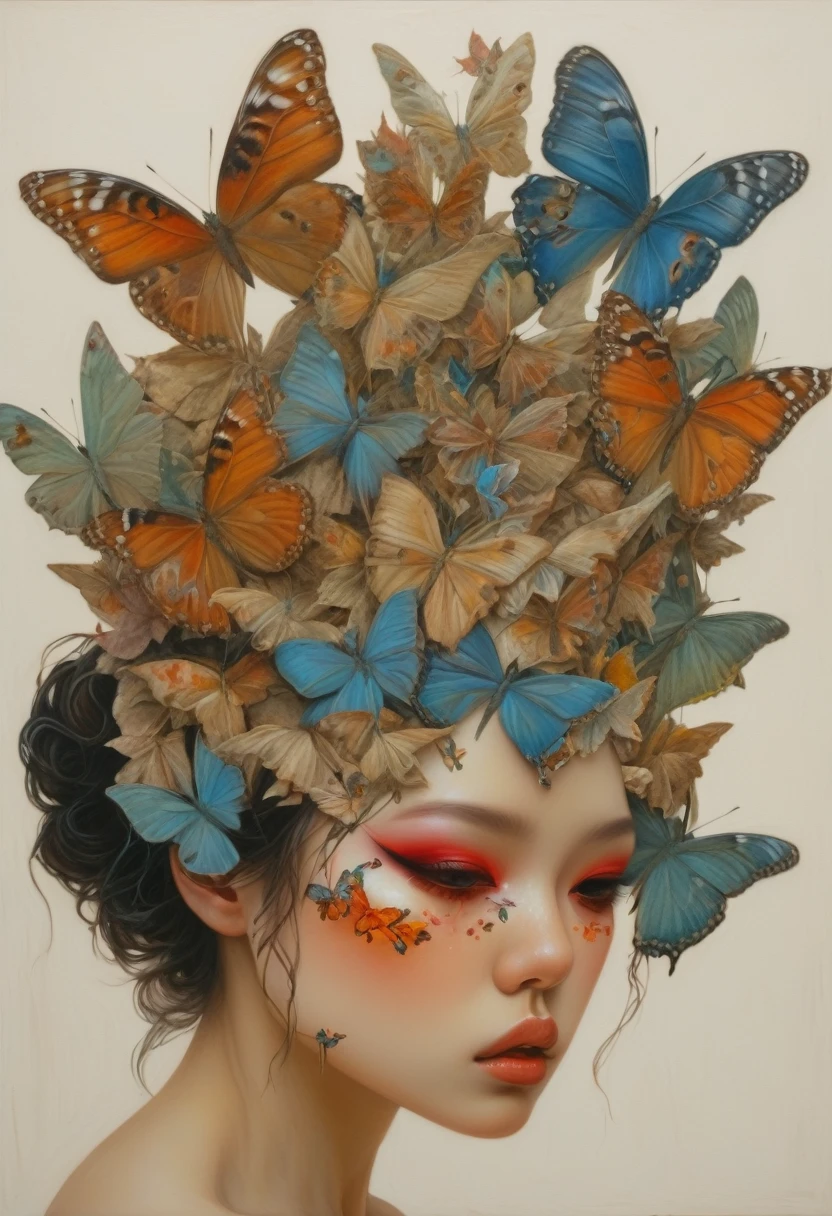 Oil painting of a woman with a butterfly mask on her head, Jonathan Young Pintura, Adriano Borda, Moths crawling on my face, Mixed media in clay form, Intricate oil painting artwork, Shin Jin Hye, Mixed Media, directed by: Ishaq Holtz, Half Woman Half Butterfly, Made from dried flowers, Highly conceptualized figurative art, Portrait of a fairy