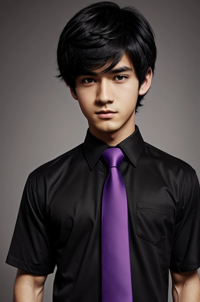 anime,boy,black t-shirt,black hair,purple tie