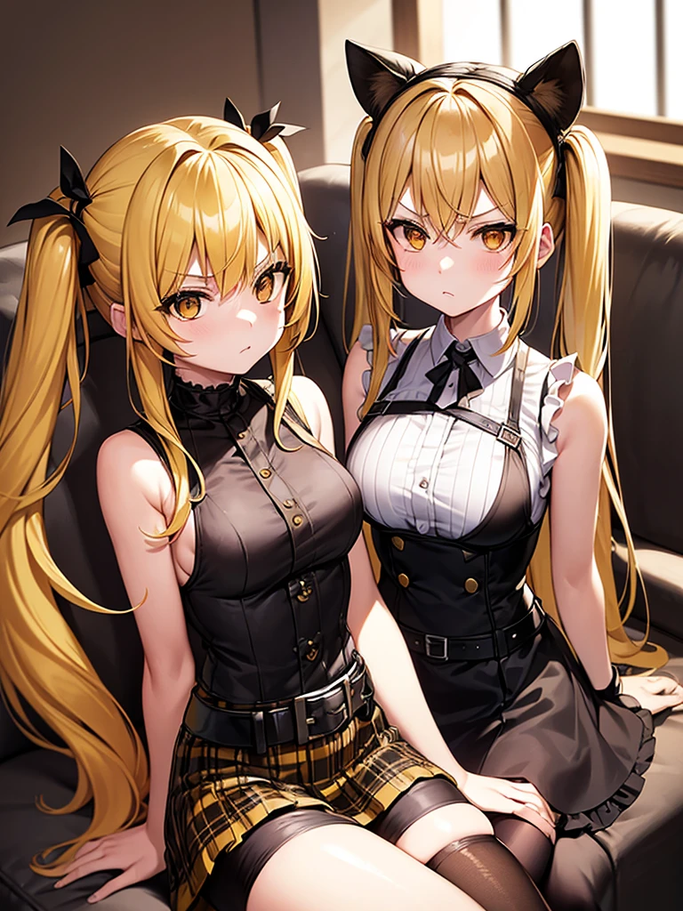 misa amane, twintails, (brown eyes:1.5), (yellow hair:1.5), sidelocks, long hair, misa amane, twintails, (red eyes:1.3), blonde hair, sidelocks, long hair, skirt, pantyhose, sleeveless, belt, cross, frilled skirt, gothic,in cafe,sitting sofa,bust up,frown,Breast Matching,blurry background,riding,little angry,Torn clothes,Lying on one's back grabbing breasts,mounting position,grabbing cheek,wice