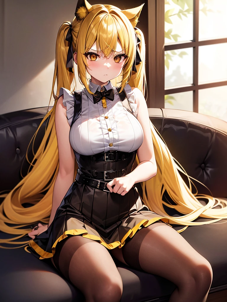 misa amane, twintails, (brown eyes:1.5), (yellow hair:1.5), sidelocks, long hair, misa amane, twintails, (red eyes:1.3), blonde hair, sidelocks, long hair, skirt, pantyhose, sleeveless, belt, cross, frilled skirt, gothic,in cafe,sitting sofa,bust up,frown,Breast Matching,blurry background,riding,little angry,Torn clothes,Lying on one&#39;s back grabbing breasts,mounting position,grabbing cheek,wice