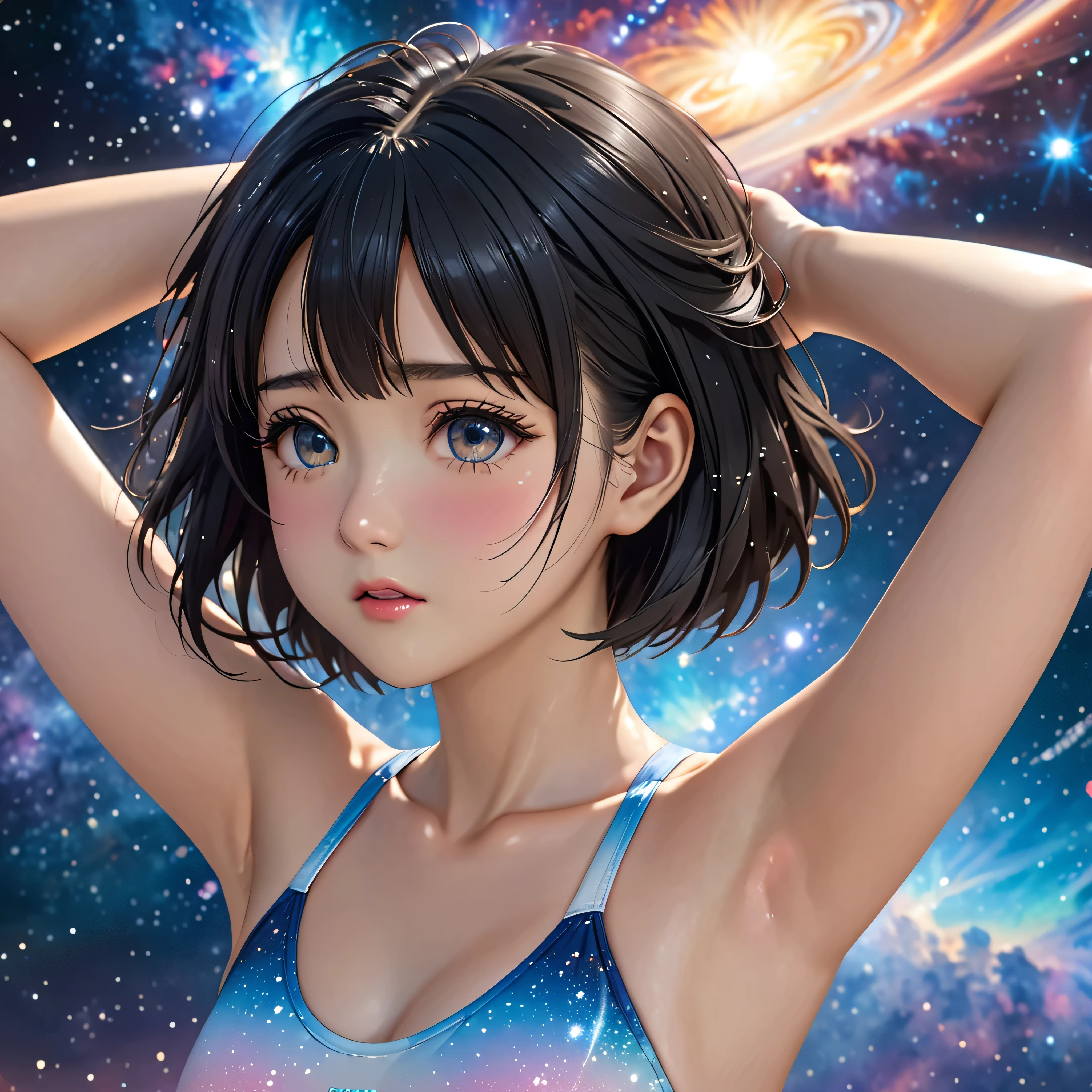 National Science Foundation,masterpiece,High resolution,8K,Art,digit,Three-dimensional,Realism,Kyoto Animation Style,your name movie style,cute,baby face,look into camera,Universe nebula background,(1 girl: 1.3),(alone: 1.4),(Three-point swimsuit),Put your hands behind your head,Black hair,Long eyelashes,Long thin legs,Short Bob,Close-up of upper body,Close-up,Close up,Eyes as deep as the starry sky,shy,pain,sad,Feeling embarrassed
