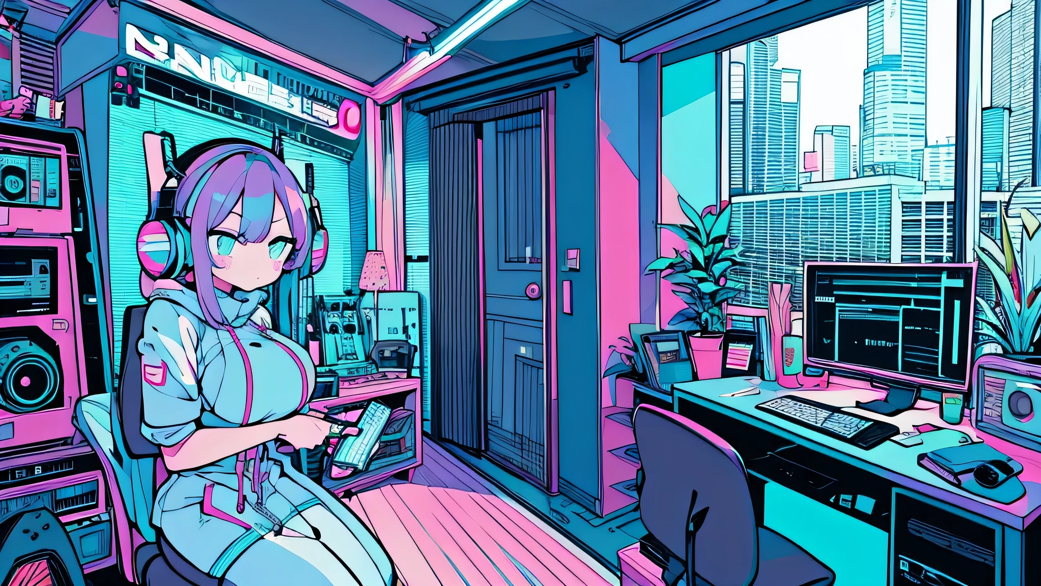 Best quality, (masterpiece), best detail face,1 girl, big breasts, 18 yo, 8k,absurdres,unity 8k wall paper,(extremely detailed:1.3), highest realistic, (retro headphones:), (soft neon light:), (psychedelic), Her room full of music equipment and plants, Light clothing in summer, See the whole room, She is leaving the room, natural color palette
