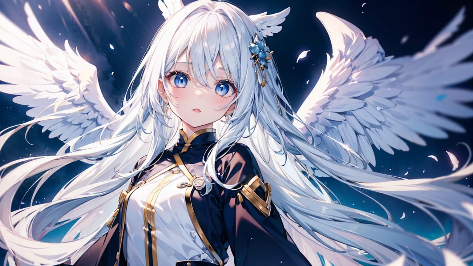 A pretty and cute girl with long white hair and blue eyes、14 Talents、Angel wings on the back、Mouth wide open、I'm surprised and my eyes are wide open、comical、Bright expression、A pure white, modern Japanese dress