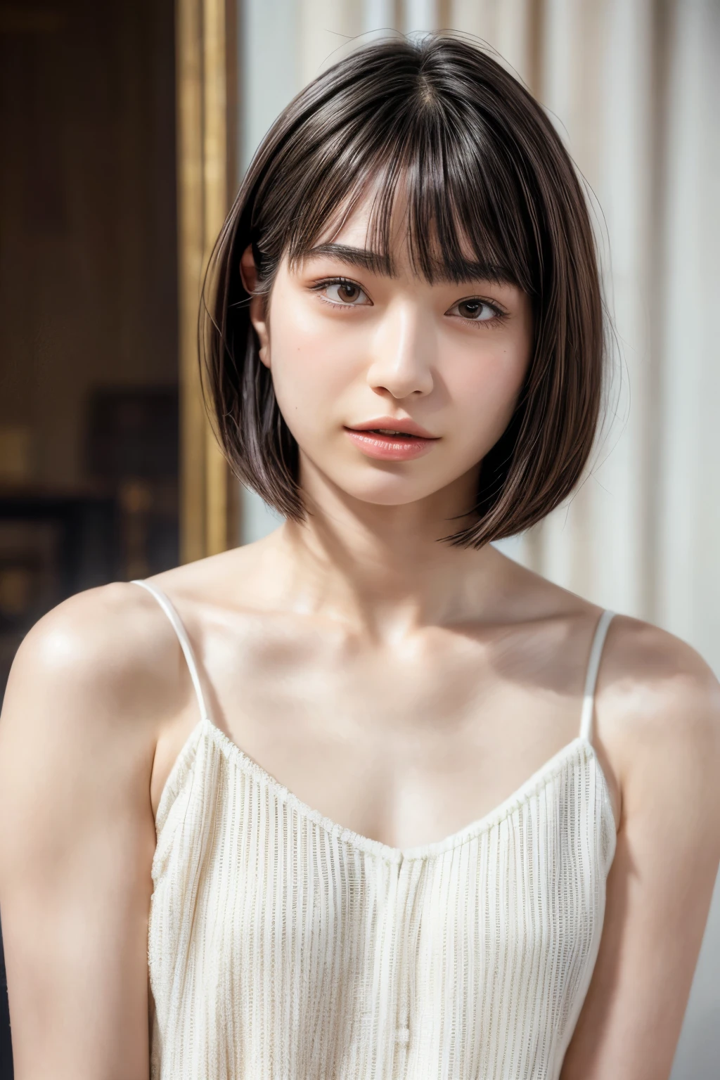 (realistic, photo-realistic:1.4), (masterpiece, best quality:1.2), RAW photo, high resolution, intricate details, extremely detailed, realistic and sharp details, cinematic lighting, portrait, frontal photography, solo, 1girl, a  Japanese woman, dark hair, (short bob hair, blunt bangs), slender body, smaller face, detailed face, detailed eyes, sophisticated nose, pale skin, collarbone, small breasts, flat chest, photo background, indoors,,,[Sora Tamaki]