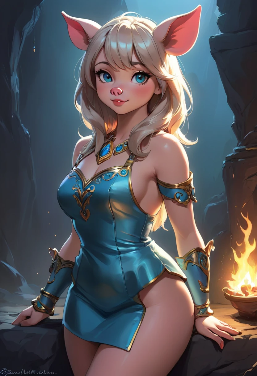 Create an illustrated, hand-drawn, full-color image of an humanoid, hybrid, anthropomorphic, sexy pig woman. The artwork should be rendered in the style of "Breath of the Wild," featuring warm lighting and shadows. Include graphite shading, stencil marks, and airbrushed acrylic paint effects. The image should be of the highest quality, a masterpiece with intricate details. cow nose, cow ears. The pig woman should have a female, humanoid, appearance. She should have luscious lips, a wide smile, and bright, expressive eyes, exuding beauty, cuteness, and adorableness. Ensure the image is high resolution and sharply detailed, with a detailed and vibrant background. Scarlett Johanson, Alison Brie, Dove Cameron Incorporate mystical lighting in the background, creating a romantic and enchanting atmosphere.