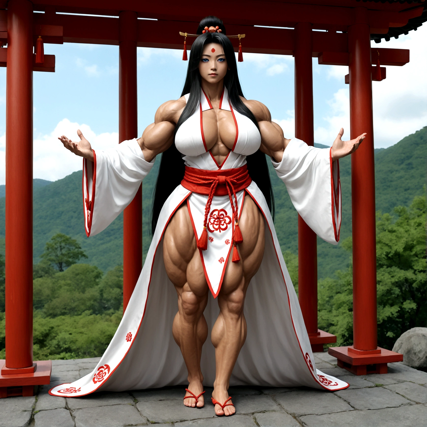 Femboy, long hair, blue eyes, gigantic muscular body, shrine maiden outfit, big breasts, erect penis with big balls, 4 arms, full body.