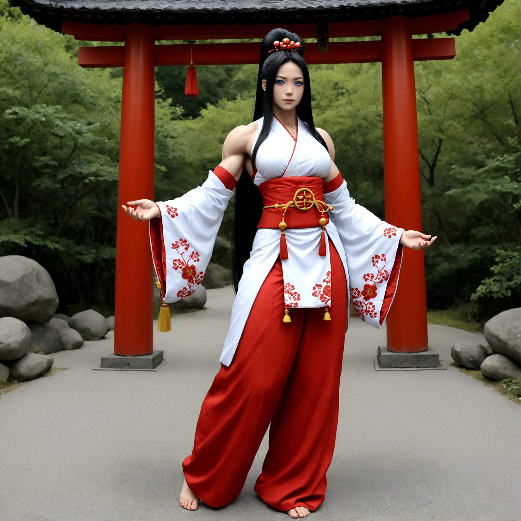 Femboy, long hair, blue eyes, gigantic muscular body, shrine maiden outfit, big breasts, erect penis with big balls, 4 arms, full body.