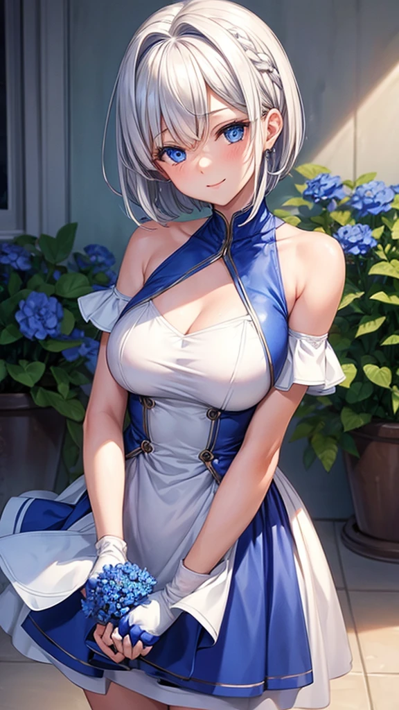 1 girl, Bethel, blue eyes, Bare shoulders, breast, medium breast, short hair, white hair, hair covering one eye, Bangs, Gloves, Sleeveless, alone, shirt, fingerless Gloves, white shirt, Sleeveless shirt, Put your arms behind your back, Off-shoulder, trumpet, Smile, (masterpiece), (best quality), (Super detailed), Indoors, Simple background, Blue flowers, 