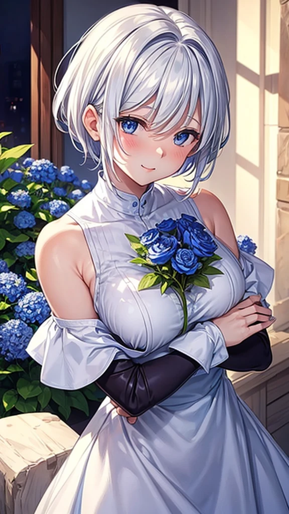 1 girl, Bethel, blue eyes, Bare shoulders, breast, medium breast, short hair, white hair, hair covering one eye, Bangs, Gloves, Sleeveless, alone, shirt, fingerless Gloves, white shirt, Sleeveless shirt, Put your arms behind your back, Off-shoulder, trumpet, Smile, (masterpiece), (best quality), (Super detailed), Indoors, Simple background, Blue flowers,