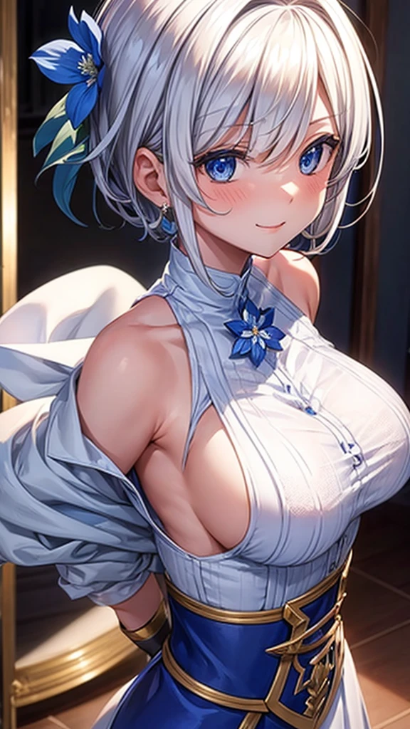1 girl, Bethel, blue eyes, Bare shoulders, breast, medium breast, short hair, white hair, hair covering one eye, Bangs, Gloves, Sleeveless, alone, shirt, fingerless Gloves, white shirt, Sleeveless shirt, Put your arms behind your back, Off-shoulder, trumpet, Smile, (masterpiece), (best quality), (Super detailed), Indoors, Simple background, Blue flowers,
