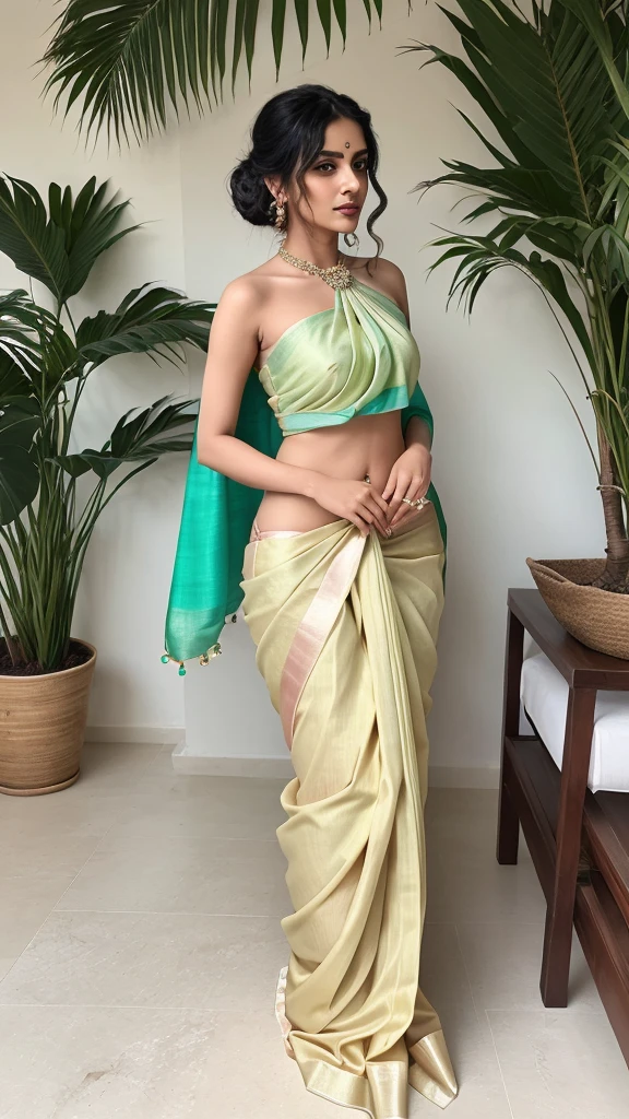 Creating a bikini-style saree and blouse outfit blends traditional Indian attire with modern fashion sensibilities, resulting in a unique and bold statement piece. The saree is reimagined with a bikini-inspired blouse and a daringly draped fabric, offering a contemporary twist to this classic ensemble. The blouse, characterized by its minimalistic yet chic design, features a halter neck or strapless style to accentuate the shoulders and collarbones while providing ample support.
The saree itself is draped to reveal more skin, with the fabric delicately wrapped around the waist and flowing gracefully over the hips. The bikini-style saree allows for a hint of midriff exposure, maintaining the elegance of traditional draping techniques while embracing a more modern silhouette. The pallu of the saree is draped over one shoulder, adding a touch of drama and sophistication to the overall look.
This fusion outfit combines the timeless appeal of Indian sarees with the boldness of bikini fashion, creating a statement piece that is both elegant and contemporary. It's perfect for those looking to make a fashion-forward statement at beach parties, poolside events, or any occasion where style and tradition meet modernity.