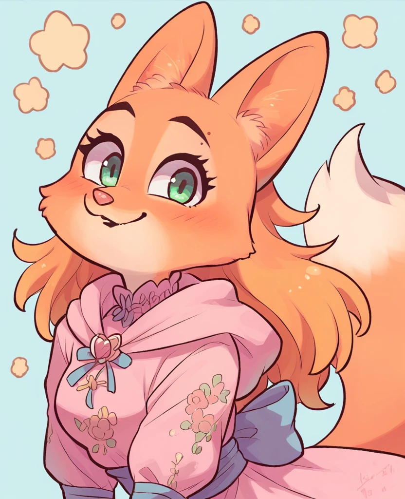 Diane foxington as a little kid with yellow bangs on head, yellow fringe, yellow long hair, pink cute dress, cute fox, girl, alone