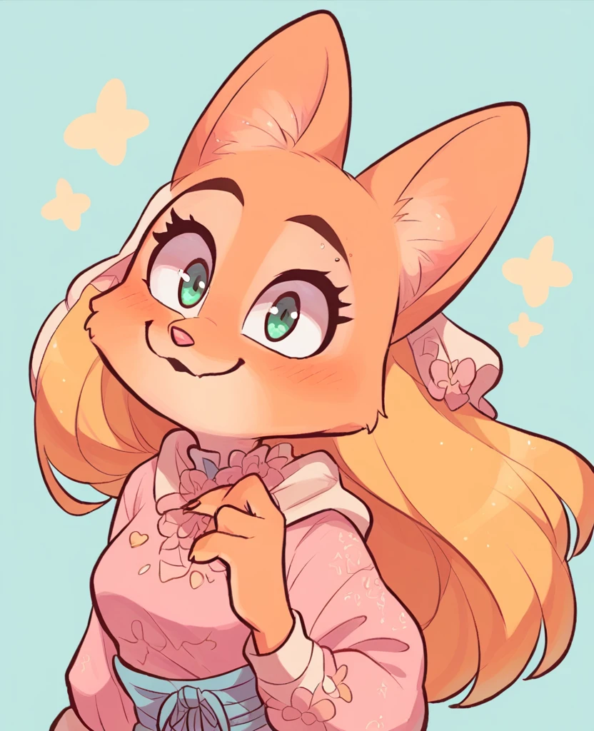 Diane foxington as a little ??? with yellow bangs on head, yellow fringe, yellow long hair, pink cute dress, cute fox, girl, alone