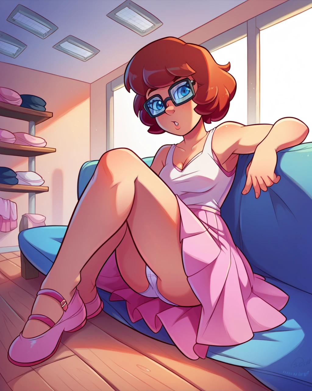 VelmaXL, white panties, pink tutu, ballet shoes, ballerina, dressing room, sleeveless top, upskirt view of white panties, glasses, cute pose, sitting on couch, left leg over right leg, resting, auburn colored hair