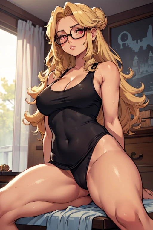 1 girl, small, , (her skin color tan), (long hair, blonde hair, afro curls, updo), big lips, big breasts, big thighs, wears black glasses, (red eyes, perfect eyes, eyes well done).
(she is wearing a white tank top, very tight, very transparent, she is wearing it, very wet, her belly is visible), (low-cut t-shirt, cleavage), no bra, she is not wearing panties, (barefoot, her feet are visible, feet perfect, black nails), (perfect, well-made hands).
She is sitting, she is studying, in her room
