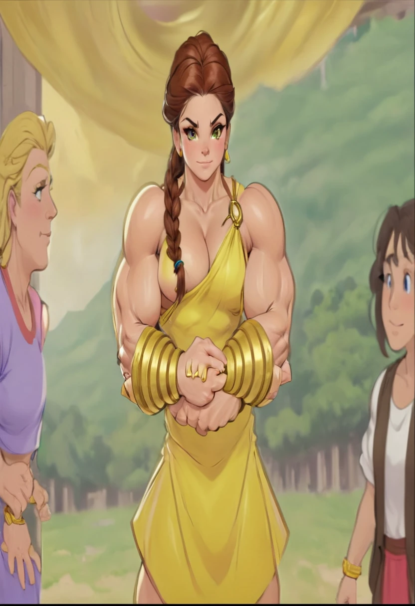 muscle woman with braided brunette hair wearing ancient greek yellow tunic flexing massive muscles wearing yellow metal bracelet, muscle woman, huge muscles, muscle girl, biceps, pecs