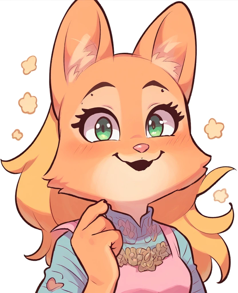 Diane foxington as a little ??? with yellow bangs on head, yellow fringe, yellow long hair, pink cute dress, cute fox, girl, alone