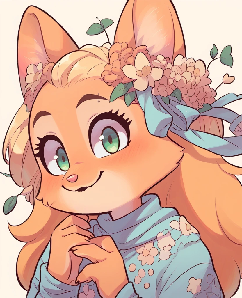 Diane foxington as a little ??? with yellow bangs on head, yellow fringe, yellow long hair, pink cute dress, cute fox, girl, alone
