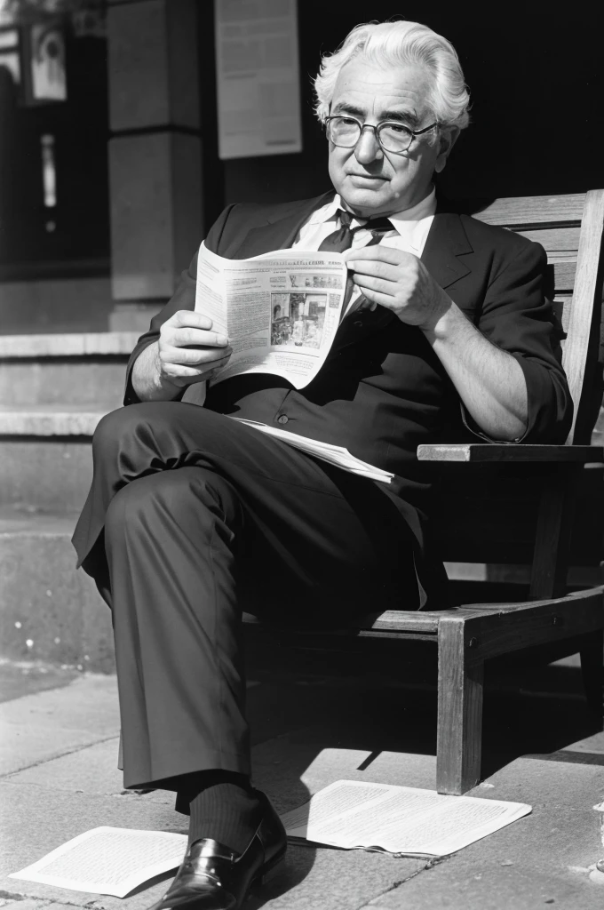 Jorge Amado reading a newspaper in a 1930s square