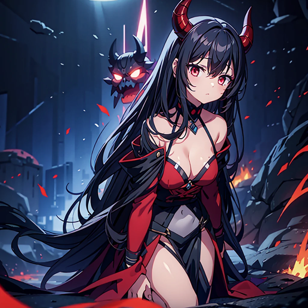 Alluring young woman oni with dark grey skin, red eyes, long black hair, very dark grey skin, and two black horns wearing dirty brown rags. Full body in cave background